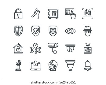 Security. Set of outline vector icons. Contains such Icons as Finger Print, Electronic key, Spy, Password, Alarm and more.