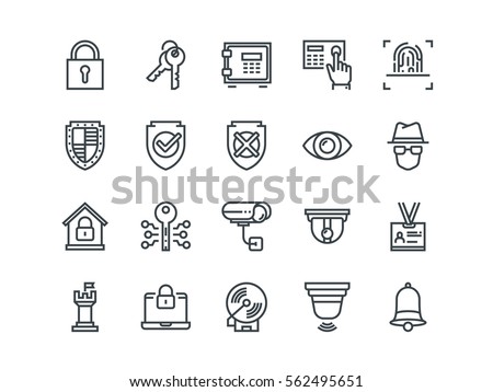 Security. Set of outline vector icons. Contains such Icons as Finger Print, Electronic key, Spy, Password, Alarm and more.