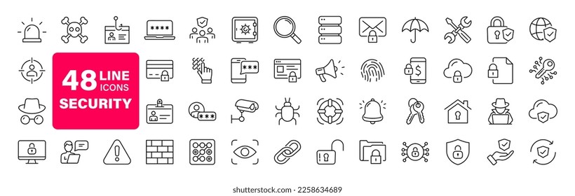 Security set of web icons in line style. Cyber Security and internet protection icons for web and mobile app. Password, security system, finger print, spy, electronic key and more. Vector illustration