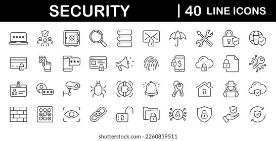 Conjunto de seguridad de iconos web en estilo de línea. Iconos de seguridad cibernética y protección de internet para aplicaciones web y móviles. Contraseña, sistema de seguridad, huellas dactilares, espionaje, clave electrónica y más. Ilustración del vector