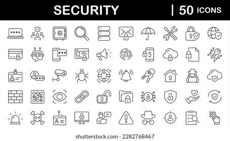 Security set of web icons in line style. Cyber Security and internet protection icons for web and mobile app. Password, security system, finger print, spy, electronic key and more. Vector illustration