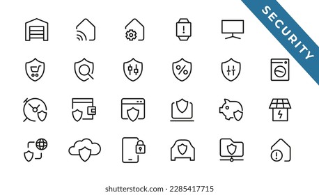 Conjunto de seguridad de iconos web en estilo de línea. Iconos de seguridad cibernética y protección de internet para aplicaciones web y móviles. Contraseña, sistema de seguridad, huellas dactilares, espionaje, clave electrónica y más. Ilustración del vector