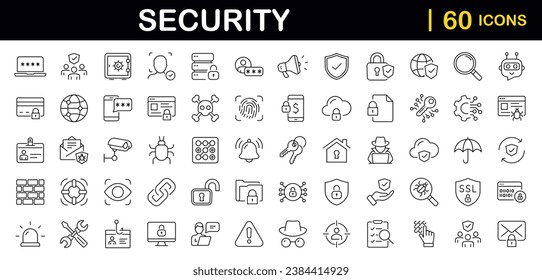 Conjunto de seguridad de iconos web en estilo de línea. Iconos de seguridad cibernética y protección de internet para aplicaciones web y móviles. Contraseña, sistema de seguridad, huellas dactilares, espionaje, clave electrónica y más. Ilustración del vector