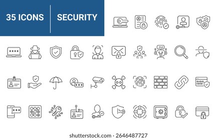 Security set of web icons in line style. Cyber Security and internet protection icons for web and mobile app. Password, security system, finger print, spy, electronic key and more. Vector illustration