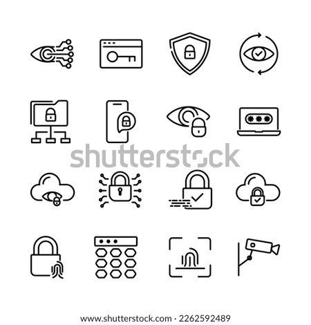 Security setting icon set. Security genres and attributes. Linear design. Lines with editable stroke. Isolated vector icons.