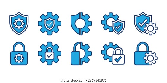 Iconos de color de la configuración de seguridad. Seguridad, seguridad, símbolo de icono de protección para aplicaciones, sitios web, plantilla, ui. Opciones, rueda de engranajes, panel de control, optimización, configuración. Ilustración del vector