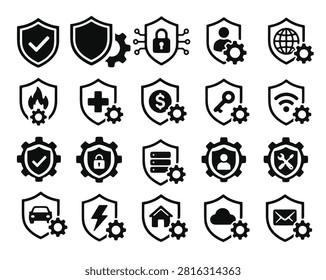 Security and settings shield icon pack combining protection with management features for modern applications and digital platforms.