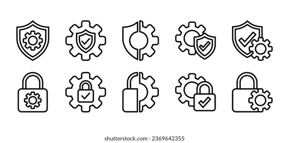 Preferencias de seguridad iconos de línea delgada. Seguridad, seguridad, símbolo de icono de protección para aplicaciones, sitios web, plantilla, ui. Opciones, rueda de engranajes, panel de control, optimización, configuración. Ilustración del vector