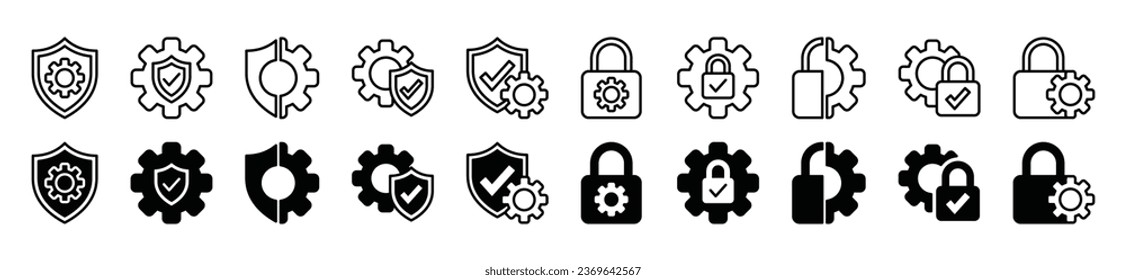 Security settings thin line icons. Safety, secure, protection icon symbol for apps, websites, template, ui. Options, gear wheel, control panel, optimization, setup. Vector illustration