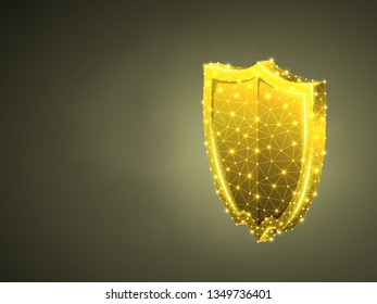 Security shield abstract golden 3d illustration. Polygonal Vector business concept of safety, data protection. Low poly wireframe, geometry triangle, lines, dots, polygons on colorful background