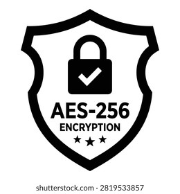 Security shield with AES 256 encryption and padlock symbol, representing data protection