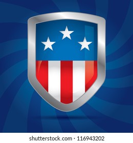 Security shield with american flag on a dynamic background with circular lines, symbol icon, vector illustration