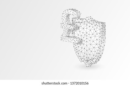 Security shield with British Pound currency symbol abstract origami 3d illustration. Polygonal Vector business concept of safety, money protection. Low poly wireframe, triangles, lines, dots. White bg