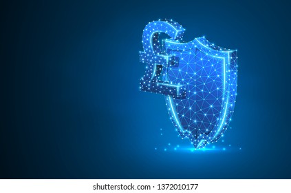 Security shield with British Pound currency symbol abstract neon 3d illustration. Polygonal Vector business concept of safety, money protection. Low poly wireframe, triangles, lines, dots, polygons