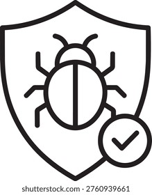 Security shield with bug and checkmark representing guaranteed protection against pest infestation concept line icon vector