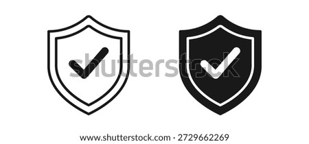 Security shield check icon set in outline and silhouette style, protection verified safety approval and cybersecurity concept, vector illustration