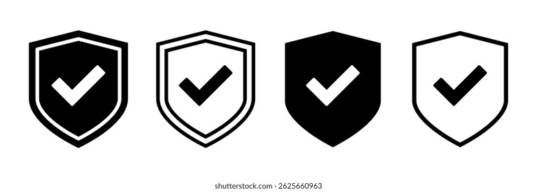 Security Shield with Check Mark. Black and White Icons for Verified Protection, Data Safety, Trust Badge, Antivirus, Secure Access and Approved Web Security Concepts