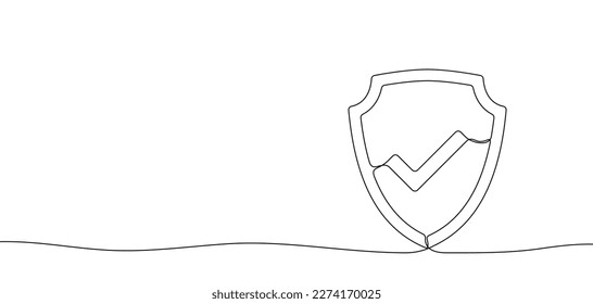 Security shield with check mark of one continuous line drawn. Shield drawn in one line. Safety and anti-virus protection concept. Vector illustration.