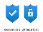 Security shield and shield check set. Protect shield icons. Cross and tick sign. Concept of privacy, good password, secure data protection, computer or phone access security. Vector illustration