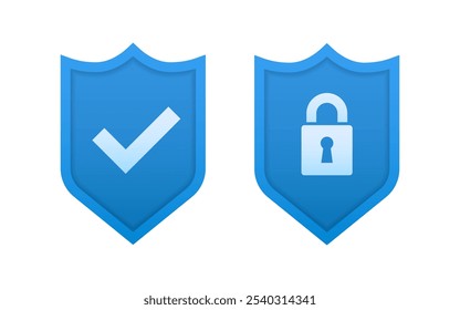 Conjunto de comprobación del escudo de seguridad y del escudo. Proteger iconos de escudo. Cruz y señal de garrapata. Concepto de privacidad, buena Contraseña, protección de datos segura, seguridad de acceso a computadoras o teléfonos. Ilustración vectorial