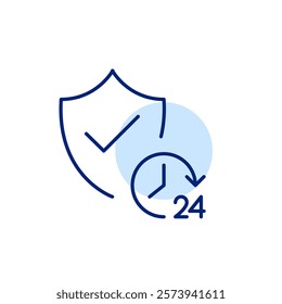 Security shield with checkmark and 24 hours symbol. Constant protection and safety. Pixel perfect, editable stroke icon
