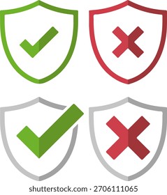 Escudo de seguridad con marca de verificación y conjunto de iconos de Vector de símbolo cruzado