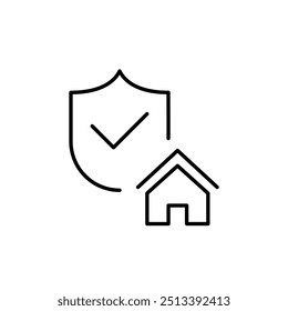 Security shield with checkmark and house. Verified home protection, residence insurance. Pixel perfect vector icon
