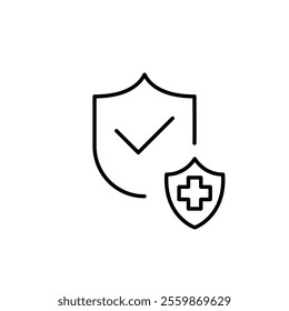 Security shield, checkmark and medical cross. Health insurance and security. Pixel perfect vector icon