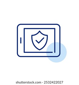 Escudo de segurança com marca de seleção no tablet eletrônico. Proteção de dados. Ícone de vetor perfeito de pixel