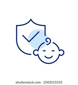 Escudo de seguridad con marca de verificación y cara de bebé sonriente. Productos y servicios para bebés, aprobados por pediatras. Icono de trazo perfecto y editable del píxel