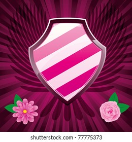 Security shield, coat of arms symbol icon, decorated with flowers and wings, pink, vector illustration