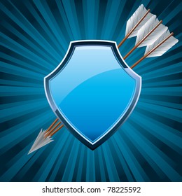 Security shield, coat of arms symbol icon, decorated with arrows, blue vector illustration