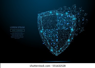 Security Shield composed of polygons. Business concept of data protection. Low poly vector illustration of a starry sky or Comos. The shield consists of lines, dots and shapes.
