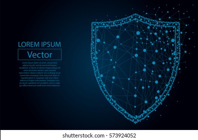 Security Shield composed of polygons. Business concept of data protection. Low poly vector illustration of a starry sky or Cosmos. The shield consists of lines, dots and shapes