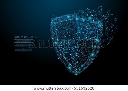 Security Shield composed of polygons. Business concept of data protection. Low poly vector illustration of a starry sky or Comos. The shield consists of lines, dots and shapes.