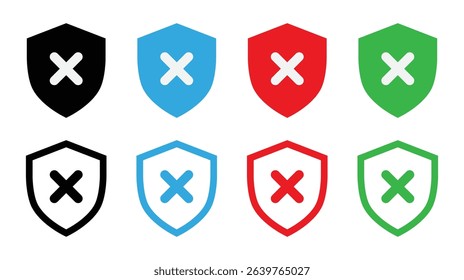 Security shield with cross mark icon set vector illustration in stroke and fill style.