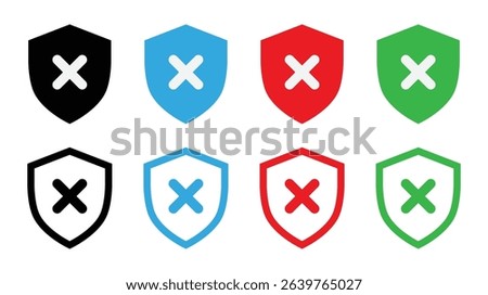 Security shield with cross mark icon set vector illustration in stroke and fill style.