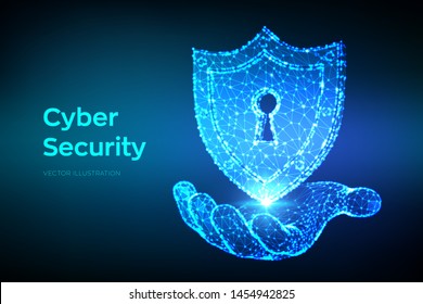 Security shield. Cyber security. Shield With Keyhole icon in hand. Protect and Security of Safe concept. Illustrates cyber data security or information privacy idea. Low polygonal vector Illustration.