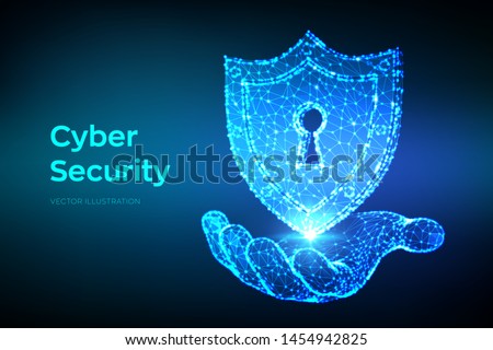 Security shield. Cyber security. Shield With Keyhole icon in hand. Protect and Security of Safe concept. Illustrates cyber data security or information privacy idea. Low polygonal vector Illustration.