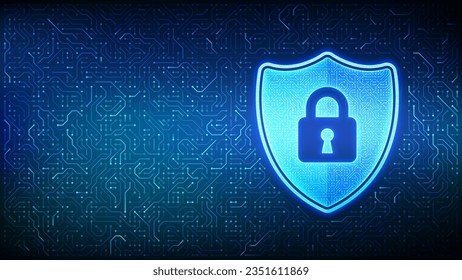 Security shield. Cyber security. Shield with Lock with keyhole icon. Cyber data protection. Information privacy idea. Circuit board pattern. PCB printed circuit texture. Vector Illustration.