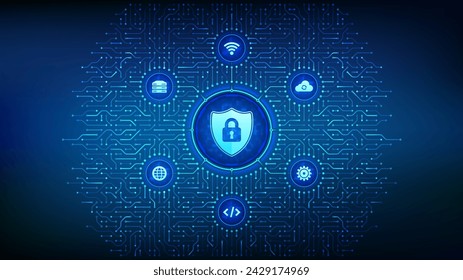 Sicherheitsschild. Cybersicherheit. Schild mit Schloss mit Schlüsselloch-Symbol. Schutz von Cyberdaten. Datenschutz-Idee. Hintergrund mit Leiterplattenanschlüssen und Tech-Icons. In: Vector Illustration.