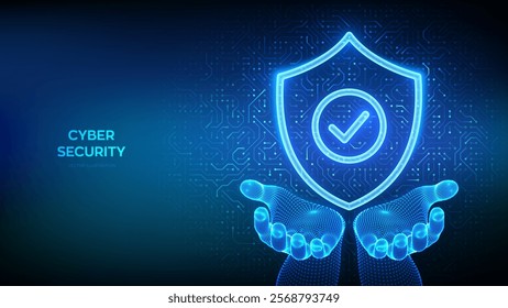 Security shield. Cyber security. Protection shield with Check mark icon in wireframe hands. Cyber data protection. Information privacy idea. Circuit board pattern. PCB printed circuit texture. Vector.