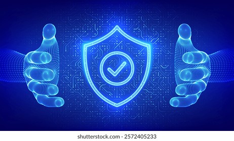 Security shield. Cyber security. Protection shield with Check mark icon in wireframe hands. Cyber data protection. Information privacy idea. Circuit board pattern. PCB printed circuit texture. Vector.