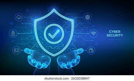 Escudo de seguridad. Ciberseguridad. Escudo de protección con el icono de marca de verificación en las manos de alambre. Ciberprotección de datos. Idea de privacidad de la información. Patrón de placa de circuito. Textura del circuito impreso del PWB. Vector.