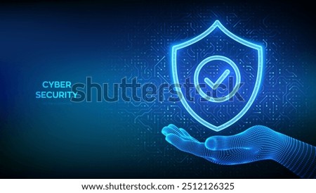 Security shield. Cyber security. Protection shield with Check mark icon in wireframe hand. Cyber data protection. Information privacy idea. Circuit board pattern. PCB printed circuit texture. Vector.