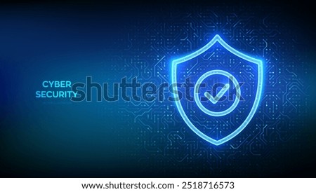 Security shield. Cyber security. Protection shield with Check mark icon. Cyber data protection. Information privacy idea. Circuit board pattern. PCB printed circuit texture. Vector illustration.