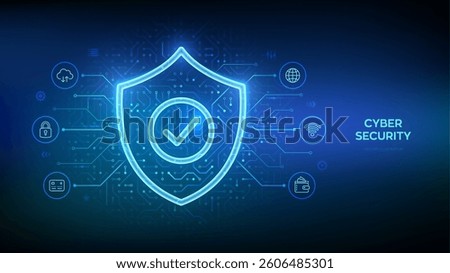 Security shield. Cyber security. Protection shield with Check mark icon. Cyber data protection. Information privacy idea. Network safety. Circuit board pattern. PCB printed circuit texture. Vector.