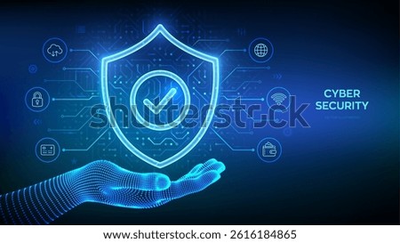 Security shield. Cyber security. Protection shield with Check mark icon in wireframe hand. Cyber data protection. Information privacy idea. Network safety. Circuit board pattern. Vector illustration.