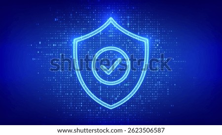 Security shield. Cyber security. Protection shield with Check mark icon made with binary code. Cyber data protection. Information privacy. Digital code background with digits 1.0. Vector illustration.