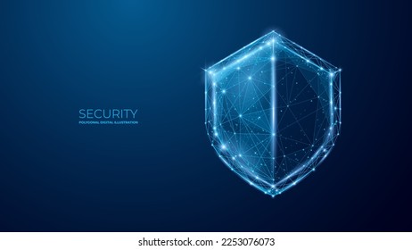 Security Shield. Digital technology protect sign. Cyber security and information or network protection in polygon, lines and geometric shapes. Low poly wireframe vector.